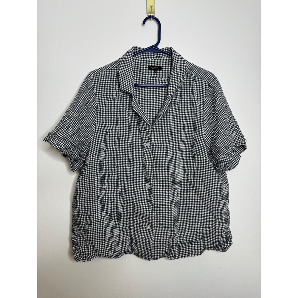 Quince 100% Linen Shirt Womens XL Black White Gingham Excellent Short Sleeve Top